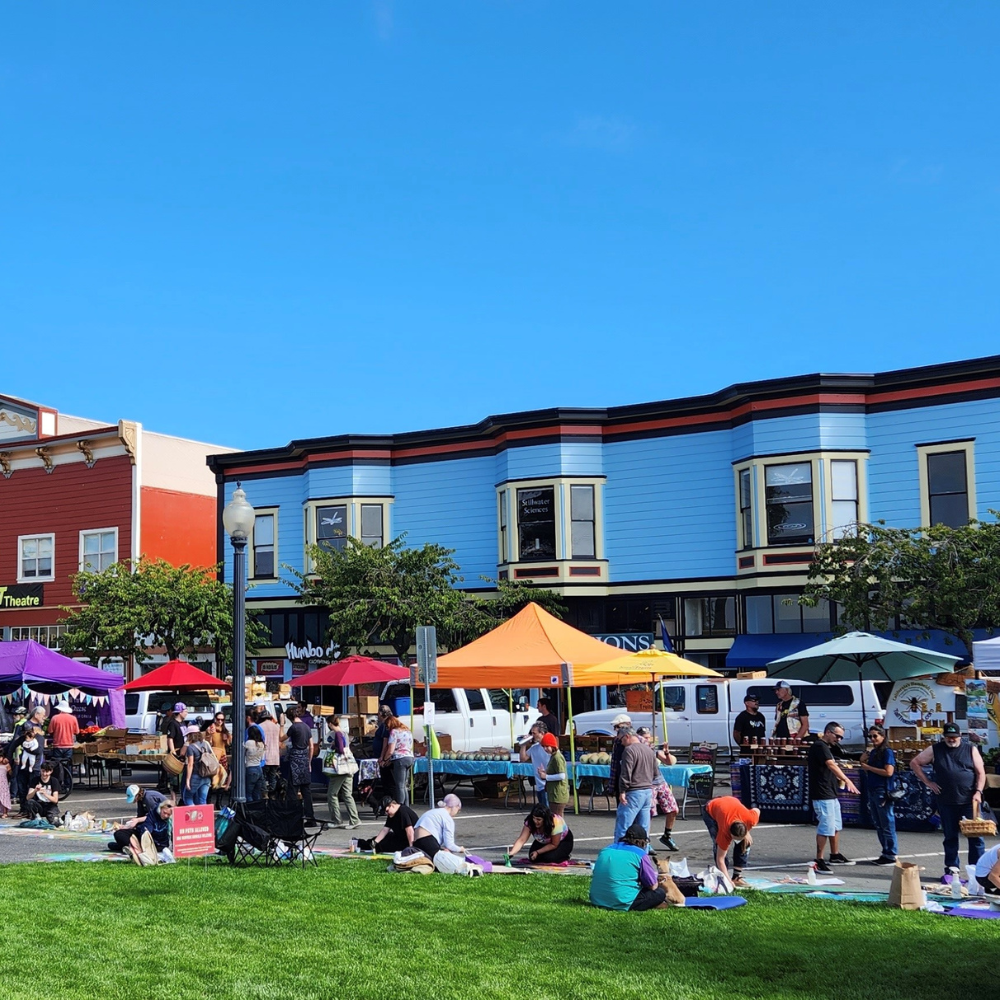 Pop up tents with vendors and people sitting on plaza